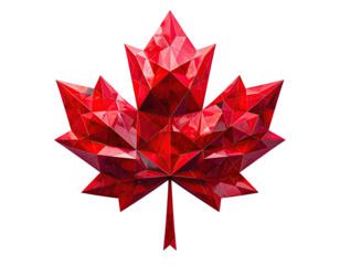 Geometric, faceted, and jewel-toned red maple leaf on a stark black background