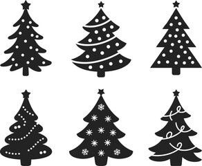 Set of six black and white Christmas tree icons with star decorations, snowflakes, and ornaments, minimalist festive holiday silhouette design