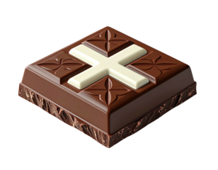 A square chocolate treat featuring a white cross on top. Dark chocolate sides