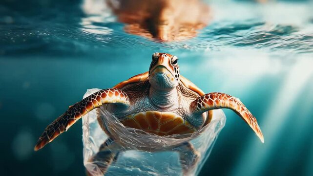 Sea turtle swimming under water with plastic bag, highlighting marine pollution and environmental crisis awareness