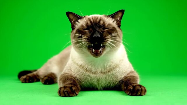 A Siamese cat with a surprised expression lies on a green screen background looking directly at the camera.