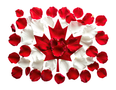 A floral depiction of a flag featuring a maple leaf, arranged with red and white petals