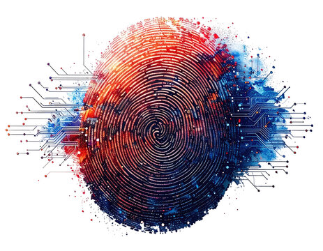 Abstract fingerprint design with colorful, explosive elements and digital circuit lines - Powered by Adobe