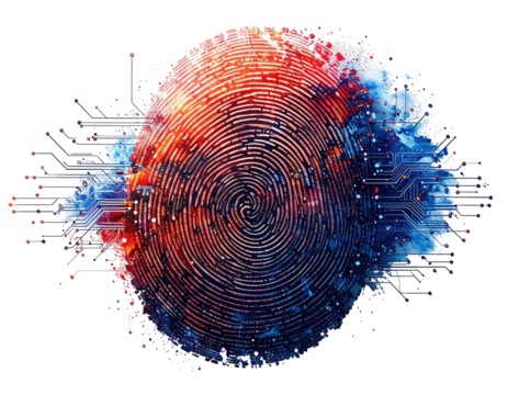 Abstract fingerprint design with colorful, explosive elements and digital circuit lines