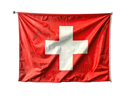 A worn, rectangular flag of a nation, featuring a large white cross on a red background, hangs