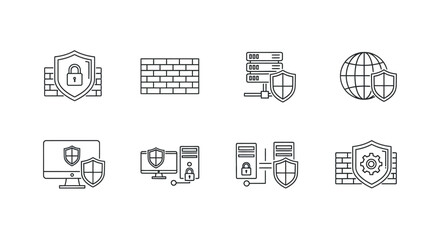 Cybersecurity icons representing firewalls network security data protection and global connectivity vector