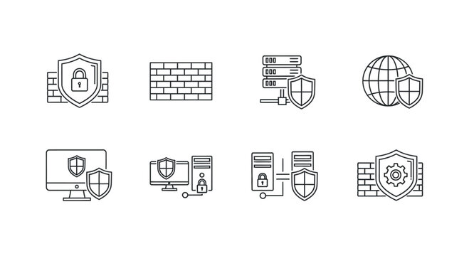 Cybersecurity icons representing firewalls network security data protection and global connectivity vector