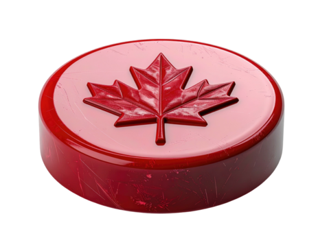 A stylized, glossy red disc featuring a raised maple leaf emblem on a stark black backdrop