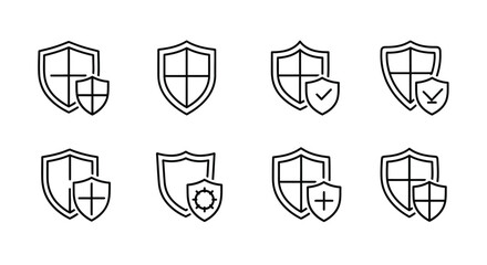 Security shield icons set protection safety cybersecurity digital defense lock emblem collection vector
