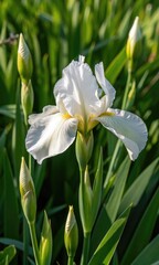 Obraz premium Stunning White Iris Flower with Yellow Accents, Surrounded by Green Buds and Leaves