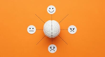 Mind Spectrum Brain reflects changing emotions on orange backdrop.
