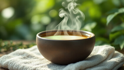 Warm Cup of Tea Surrounded by Nature with Gentle Steam Rising