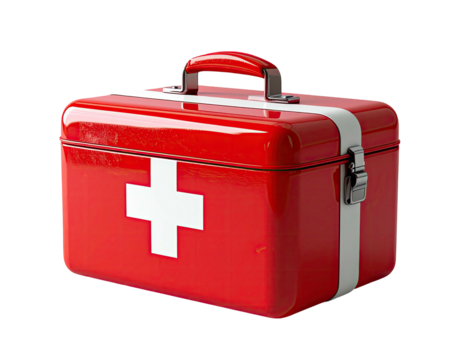 A shiny, red rectangular container with a white cross symbol and a handle, for medical needs
