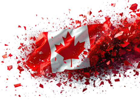 A Canadian flag with a maple leaf center bursting into many red fragments against a black background