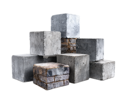 Stacked concrete blocks on a white background showcasing varied textures and materials for construction and architectural design projects