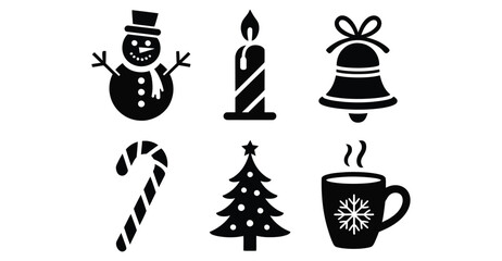 Christmas and winter holiday silhouette icons set featuring snowman, candle, bell, candy cane, tree, and festive mug illustration