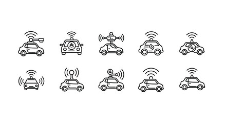 Collection of ten sketch-style autonomous self-driving car icons with radio waves and antennas vector