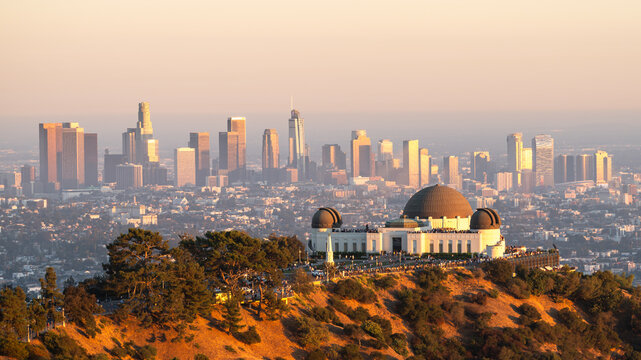 Griffith Observatory and downtown Los Angeles at sunrise, California, USA