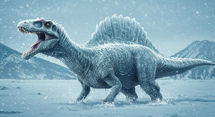 Spinosaurus dinosaur walking through snowy landscape with icy sail prehistoric ancient