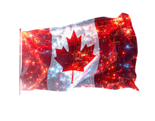 A digitally rendered Canadian flag waving against a background of lights and urban structures