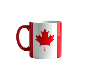 A ceramic mug, with a red handle, displays a national flag