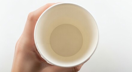 Emptiness Hand Holding a Blank White Paper Cup with Circular Void.