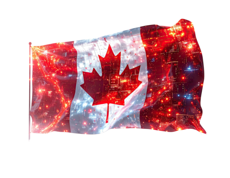 A digitally rendered Canadian flag waving against a background of lights and urban structures