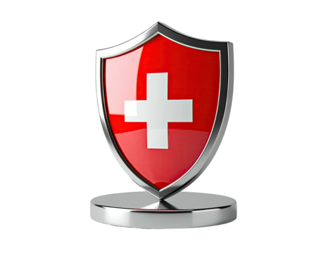 A glossy, shield-shaped emblem featuring a red background and a white cross, on a chrome pedestal