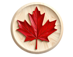 A vibrant, stylized, carved red maple leaf within a round, wooden frame