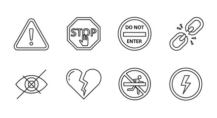Collection of hand drawn warning danger prohibition symbols and icons on white vector