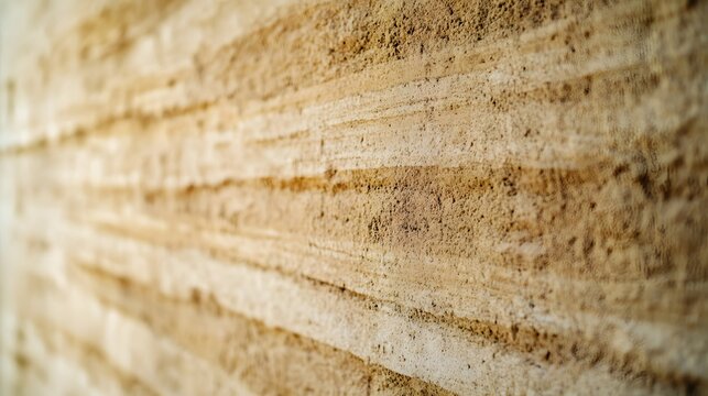 A textured earthen wall displays layers of sedimentary rock formations in beige and brown earthy tones.