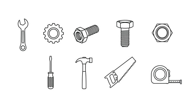 Hand drawn icons of essential tools and fasteners for diy and construction projects vector