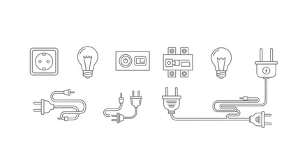 Collection of electrical components and appliances illustrated with clean lines on white vector
