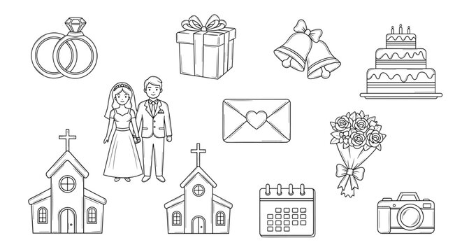 Plan your dream wedding with this lovely icon set featuring a happy couple, church, and cake for invitations, social media, and website designs - Powered by Adobe