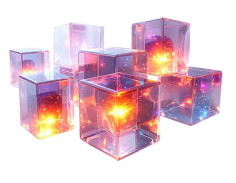 Transparent geometric shapes with radiant interiors, floating in the dark. Reflective glass surfaces