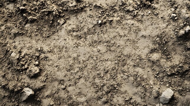 Close up shows rich brown soil texture with clods and small stones, perfect for agriculture background.
