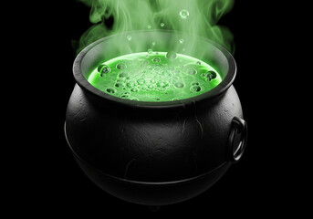A high-quality 3D black cauldron with glowing green bubbling potion, perfect for spooky Halloween and magical fantasy designs, Ai Generate.