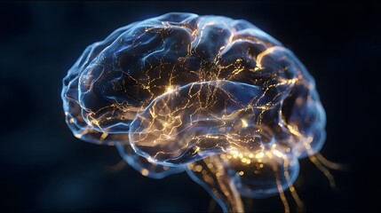 Glowing neural network pulses with energy within transparent human brain.