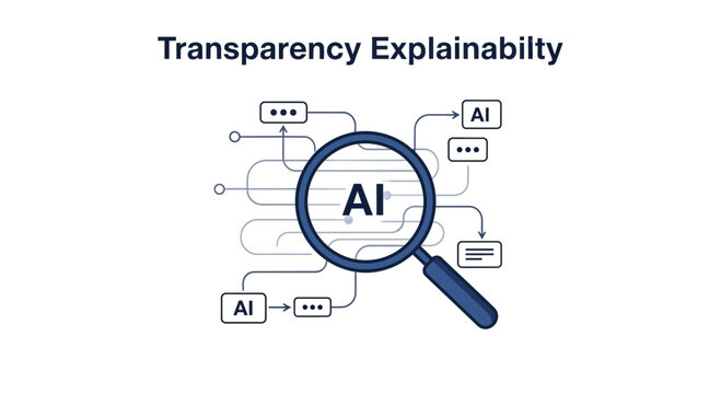 Magnifying glass over ai diagram symbolizing transparency and explainability in artificial intelligence vector