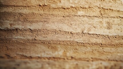 Close up of textured wall showing horizontal layers of earthen material and natural construction marks.