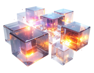 Glowing, transparent cubes arranged in a cluster, showcasing light and geometric design elements