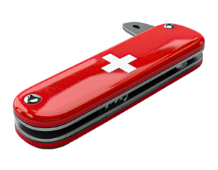 Shiny, red, pocket-sized multi-tool with silver accents and a white cross emblem. Black background