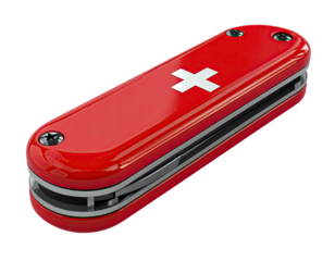 A glossy red pocketknife with a white cross emblem, set against a black background