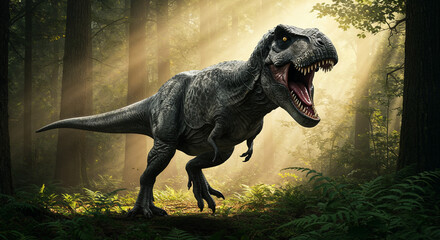 Tyrannosaurus Rex Roaring in Sunlit Forest Ferns dinosaur t-rex