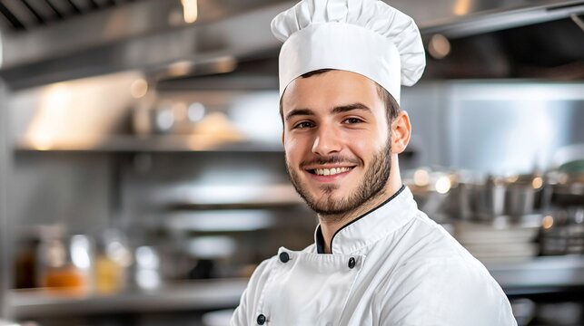 Smiling Chef Portrait in Professional Kitchen with White Uniform and Chefs Hat. - Powered by Adobe