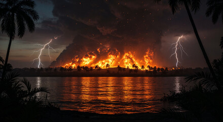 Volcanic Eruption with Lightning and Palm Trees volcano fire