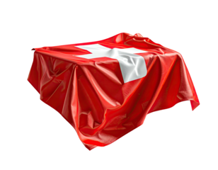 A draped rectangular object covered with a fabric featuring a large white cross on a red background