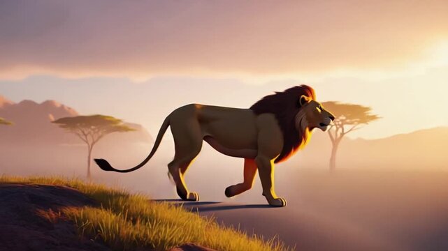 Lion walking on grassy hill in the savannah during sunset with trees and mountains in view lion video