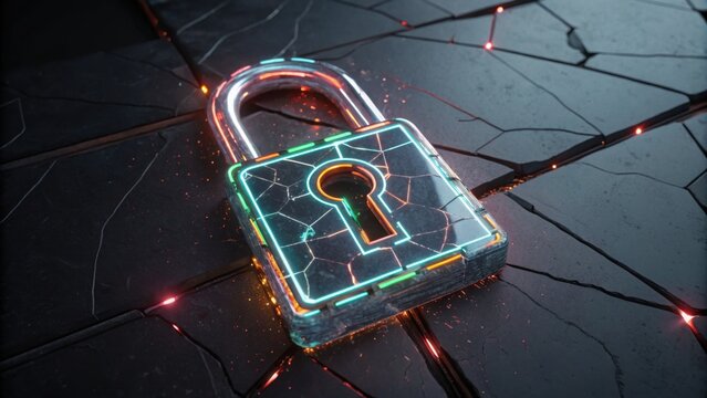 A futuristic, glowing padlock rests on a cracked surface, symbolizing security and technology with vibrant colors and a digital aesthetic. - Powered by Adobe