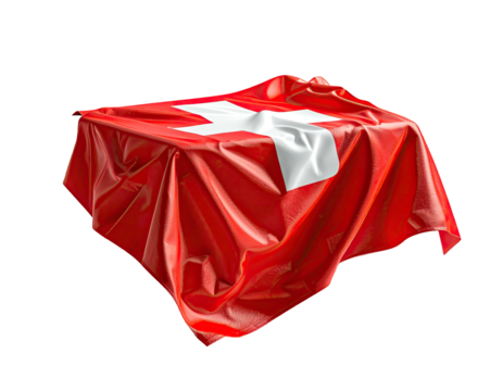 A draped rectangular object covered with a fabric featuring a large white cross on a red background